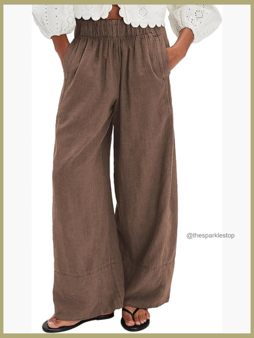 Linen Pants Women Elastic Waist Wide Leg Casual Palazzo Trousers with Pockets